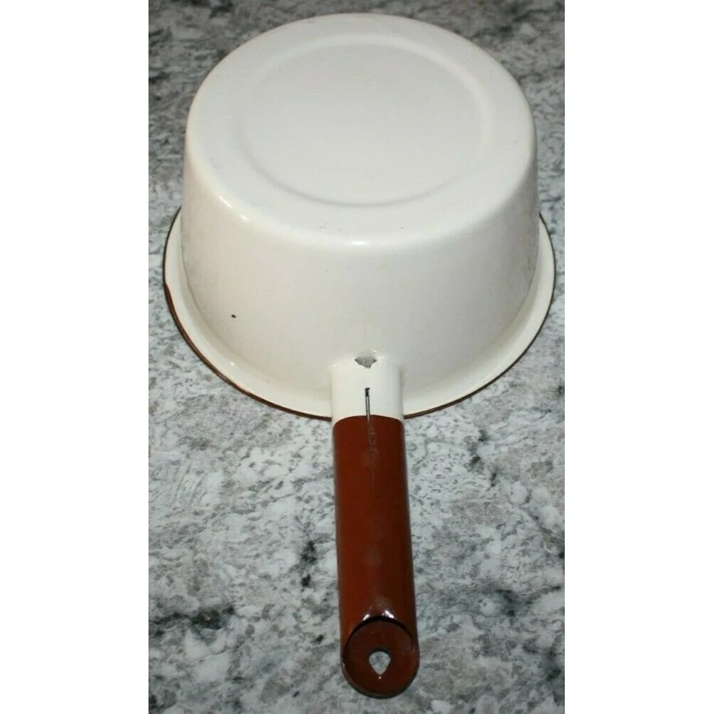 Vintage Enamelware Sauce Pan, Tan with Brown Trim & Handle 7.5 X 3.5 No Lid GUC